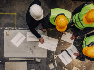 Three warehouse workers and one project manager discussing safety plan and safeguarding for machinery in the plant.