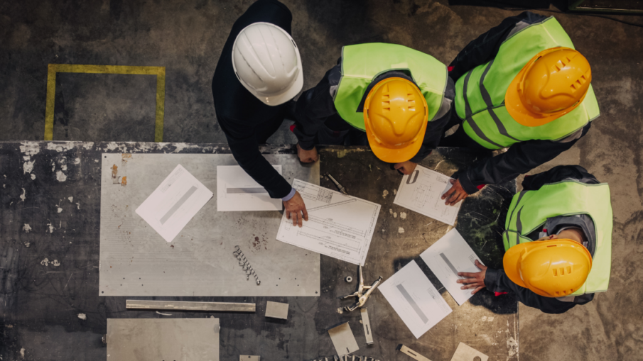 Three warehouse workers and one project manager discussing safety plan and safeguarding for machinery in the plant.