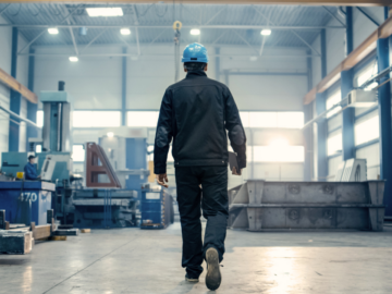 Man in safety helmet walking in an industrial space, representing the role of safety mats in preventing workplace accidents