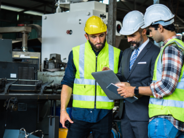 Three industrial workers stand around a clipboard with safety information to decide on the best safety devices for their manufacturing plant.