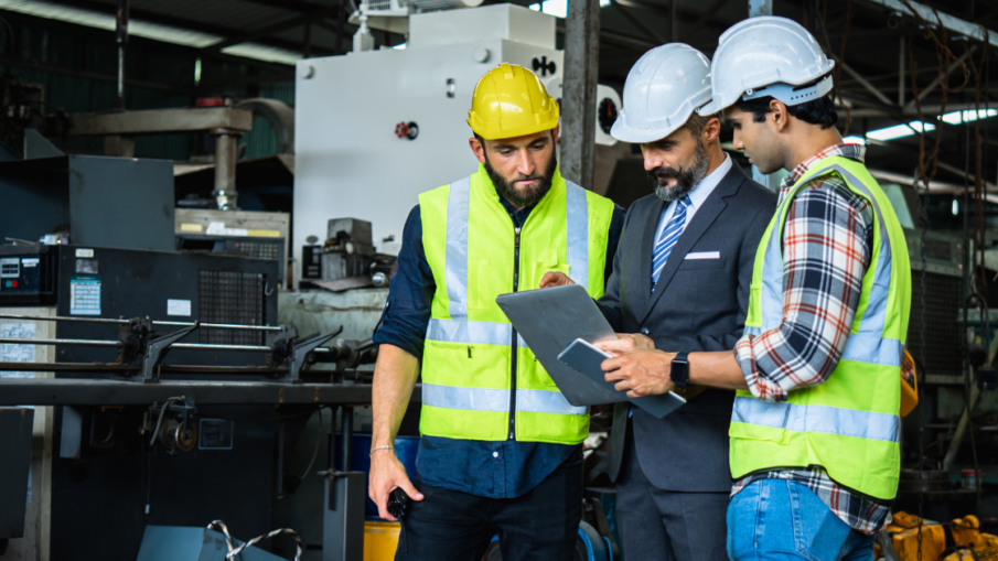 Three industrial workers stand around a clipboard with safety information to decide on the best safety devices for their manufacturing plant.