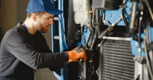 Technician performing machine maintenance on industrial equipment, ensuring optimal functionality of safety systems like pressure-sensitive safety mats.