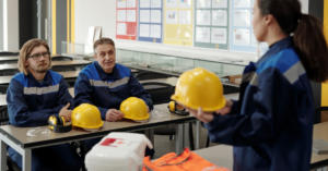 Factory workers receiving machine safety training near high-risk machinery, emphasizing the importance of safety protocols and pressure-sensitive safety mats.