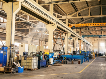 Industrial plant floor featuring perimeter guarding around robotic systems, ensuring worker safety and controlled access to hazardous areas.