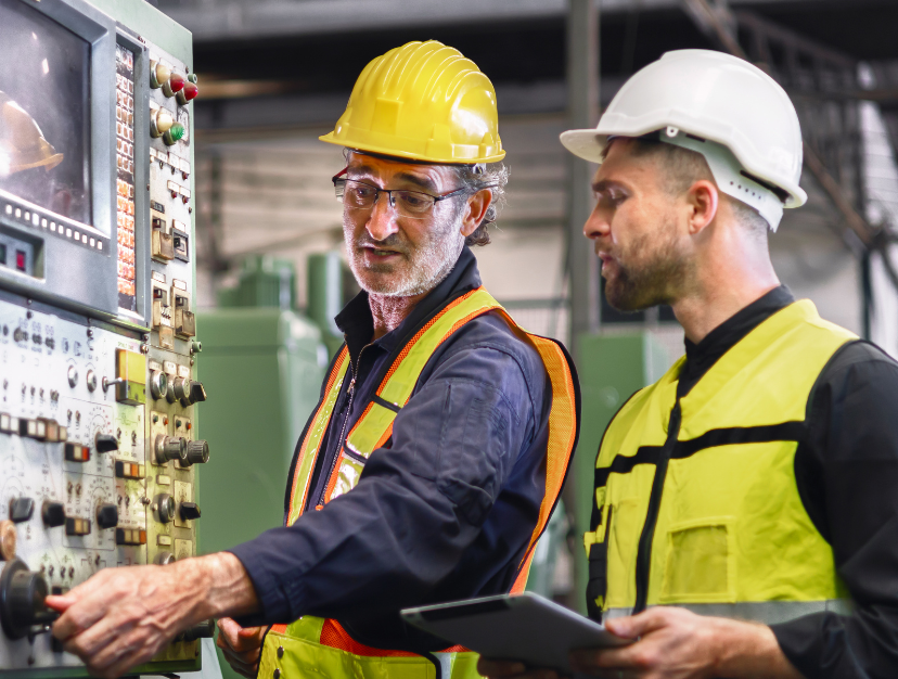Experienced worker training a new employee on machine safety protocols, demonstrating the proper use of safety devices in an industrial setting.