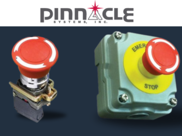 Two Pinnacle Systems emergency stop button products displayed with the company logo, designed for industrial machine safety and rapid shutdown in emergencies.