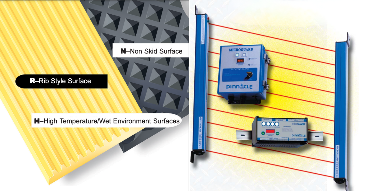 Side-by-side comparison of a Pinnacle Systems safety mat and safety light curtain, showcasing two effective machine guarding solutions for industrial safety.